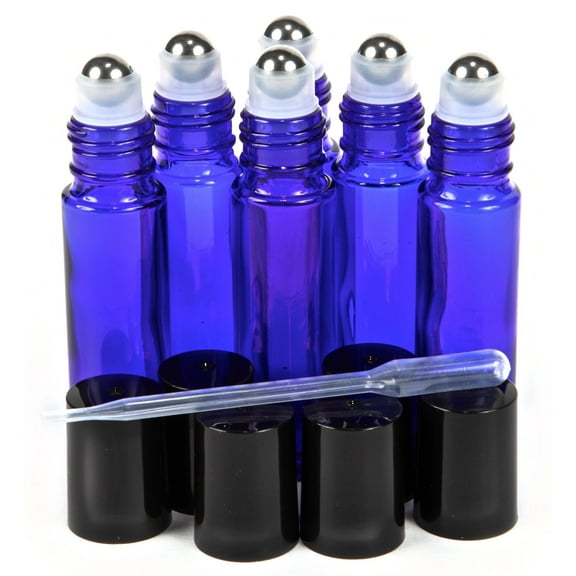 6, Cobalt Blue, 10 ml Glass Roll-on Bottles with Stainless Steel Roller Balls - .5 ml Dropper Included