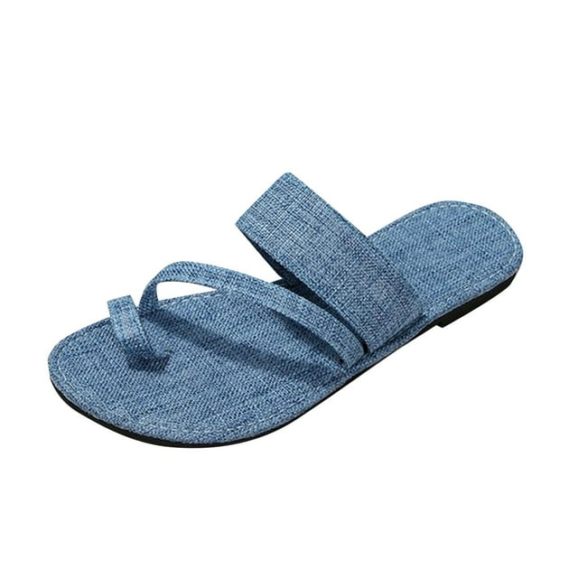 Flat Sandals for Women Slide Toe Ring Canvas Shoe Upper Non Slip Breathable Beach Summer Slide Sandals Blue