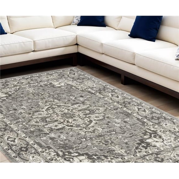 HomeRoots 545208 8 x 10 ft. Medallion Power Loom Distressed Traditional Rectangle Area Rug, Gray & Ivory