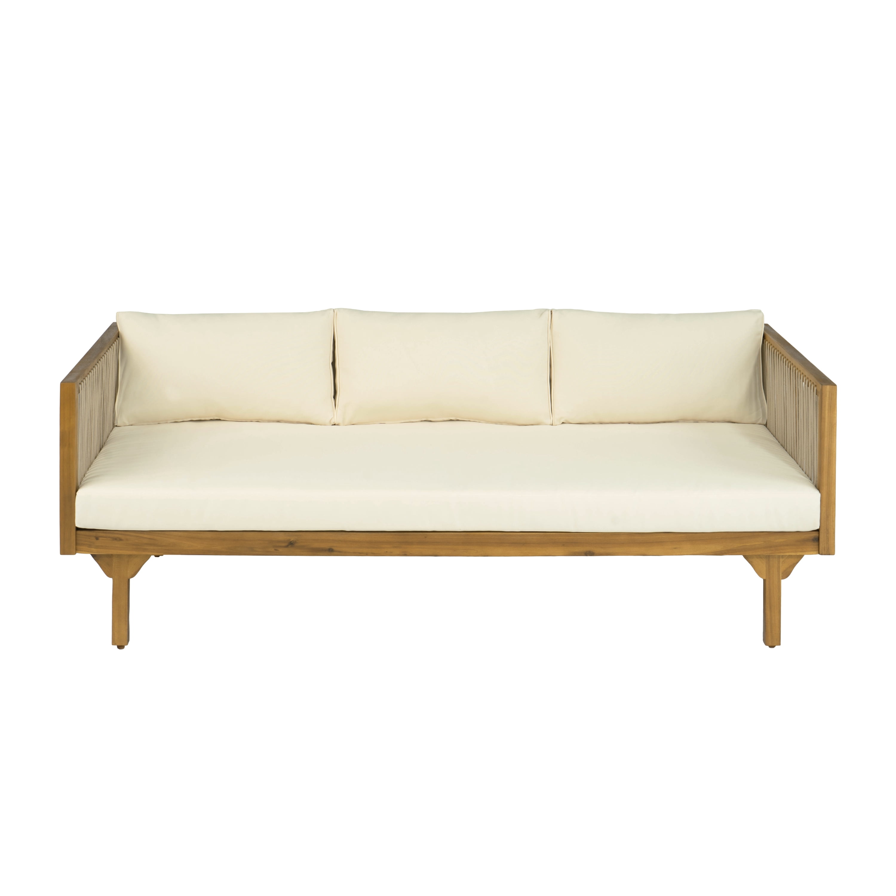 Patio Sofa, Outdoor Beige Cushions Sofa with Light Brown Rope Acacia Wood for Garden Deck, Teak