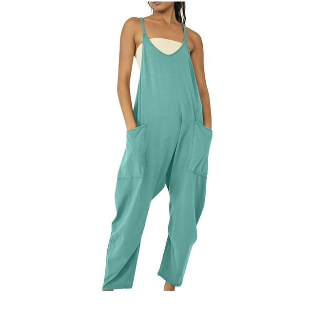Womens Rompers for Summer Basic Pure Color Romper with Pockets Casual Loose Harem Jumpsuits Soft Lightweight Overalls V Neck Bib Overall