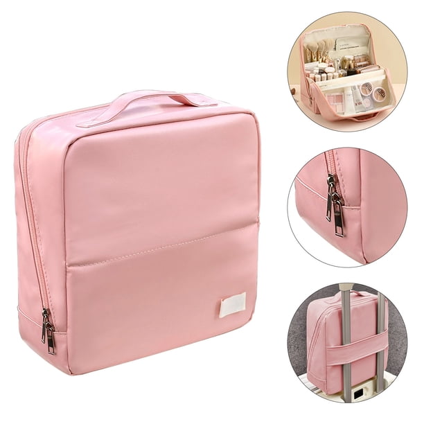 Uuiauoio Leather Standing Makeup Bag with Compartments, Travel Make Up Bags, Waterproof Portable Cosmetic Organizer Travel, Vertical Toiletry Bag for Luggage Handle