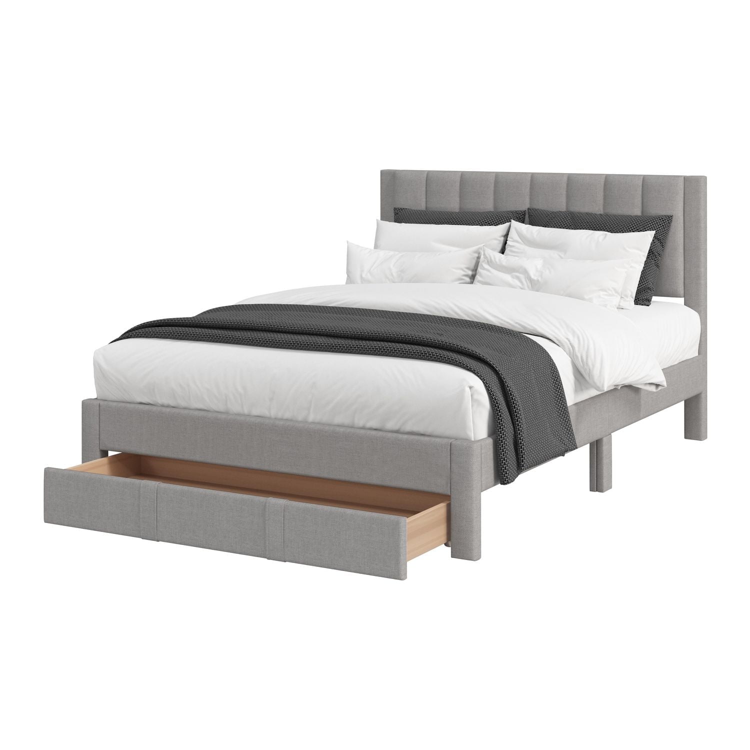 Lit plateforme capitonné gris clair CorLiving Metro avec rangement et tiroirs en format double/double et grand lit