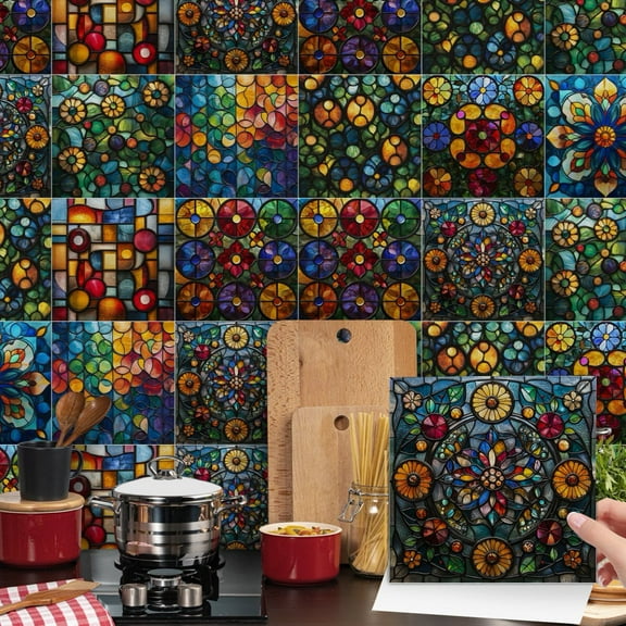 24Pcs Self Adhesive Multicolor Tiles Wall Stickers 6 x 6in DIY Decor Decals Waterproof Peel and Stick Kitchen Backsplash Tile