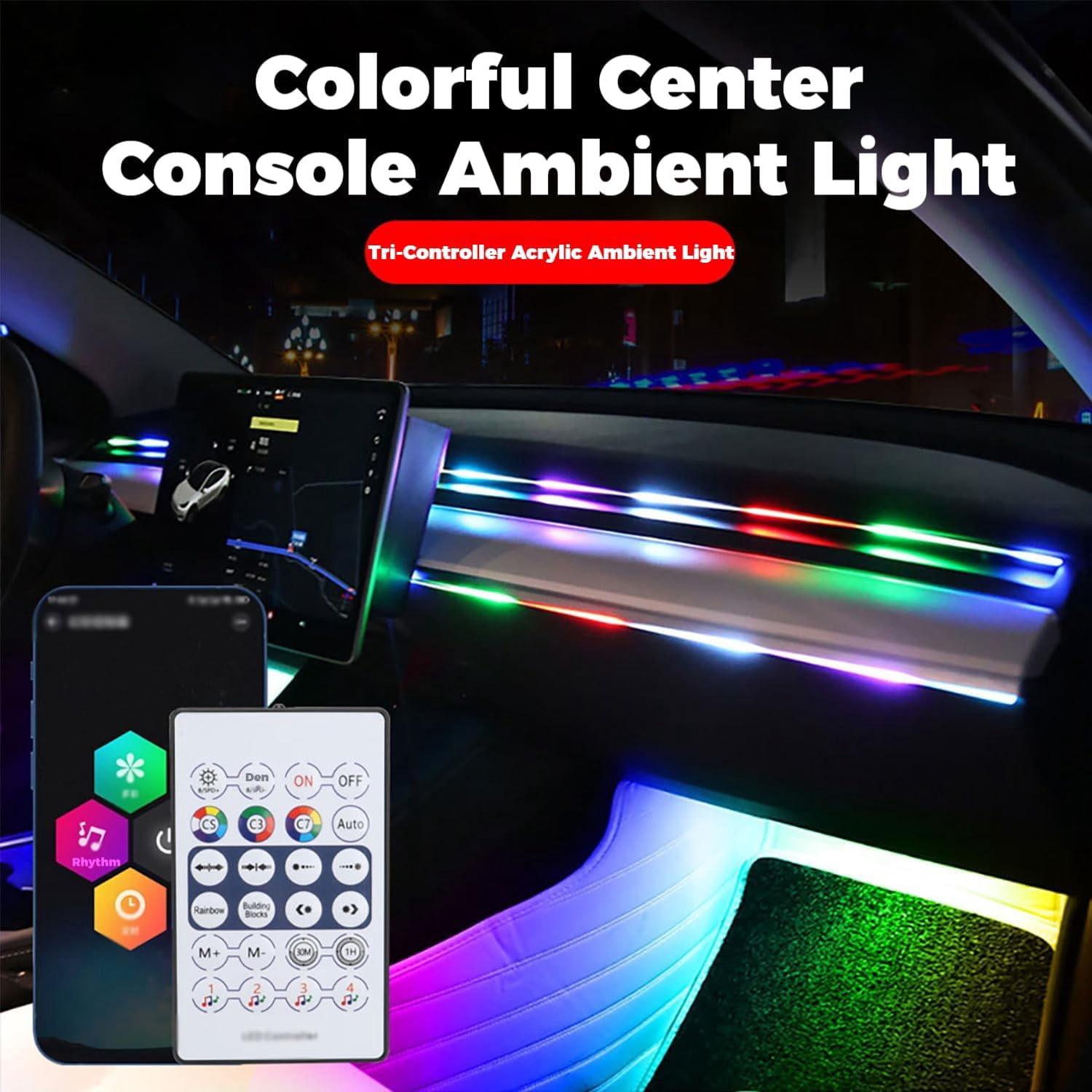 Road Glow Interior Lights, RoadGlow Interior Lights - Universal for All Vehicles/Customizable Colors/Remote Control/Music Sync/App Control, Road Glow LED Lights Interior (43.3 in * 1)