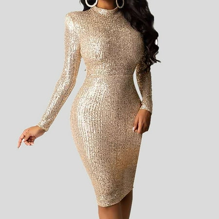 Viikei Womens Dresses for Wedding Guest Women s Fashion Perspective Hot Diamond Sequin Long Sleeve Feather Bag Hip Skirt Nightclub Style Party Mini Dress Khaki XXL