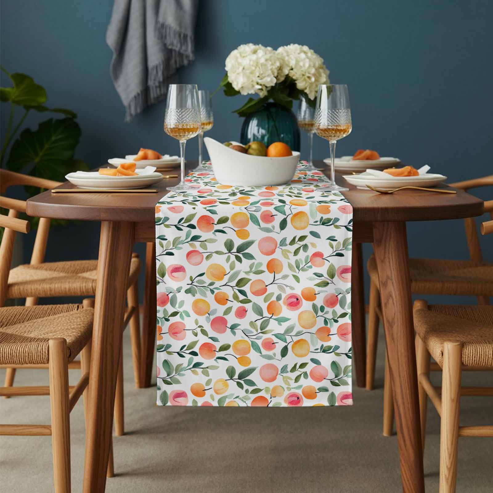 Pink Peach Cotton Linen Table Runner Country Style Spring Fruit Green Leaf Dining Table Runners for Home Decor Party Dining Room Restaurant Kitchen 13" x 90"