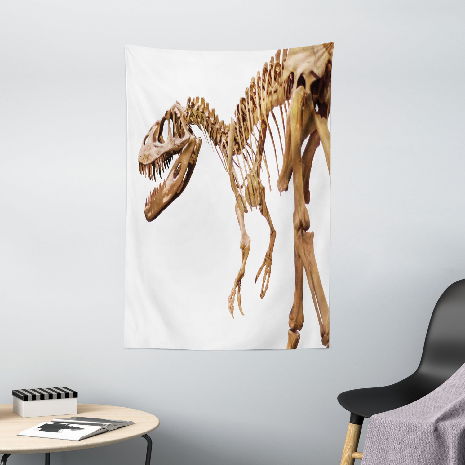 Dinosaur Tapestry, Archeology Museum Theme Wild Tyrannosaurus Rex Skeleton  Jurassic Period, Wall Hanging for Bedroom Living Room Dorm Decor, 40W X 60L  Inches, Light Caramel White, by Ambesonne 