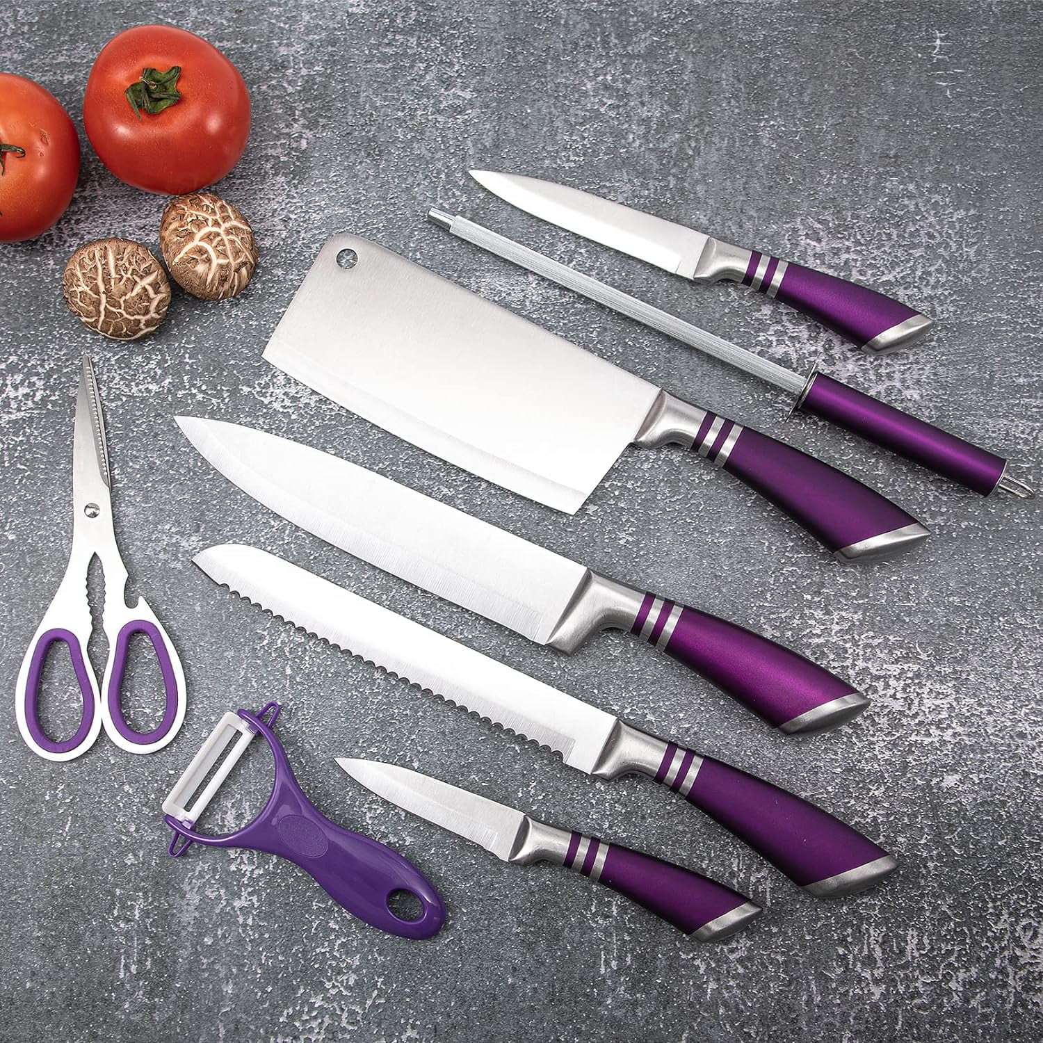 PurpleChef 10 Pieces Purple Galaxy Kitchen Knives Set. Includes 6 Stainless  Steel Knives, Scissors, Knife Sharpener, Peeler, and Clear Acrylic Stand.