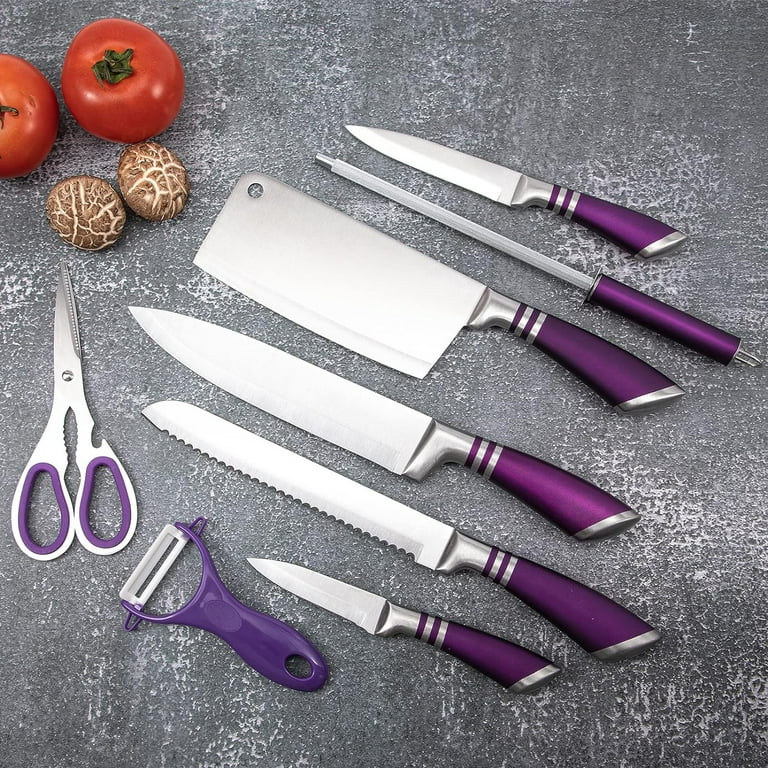 Purple Professional Kitchen Knife Chef Set, Kitchen Knife Set Stainless  Steel, Kitchen Knife Set Dishwasher Safe with Sheathes 