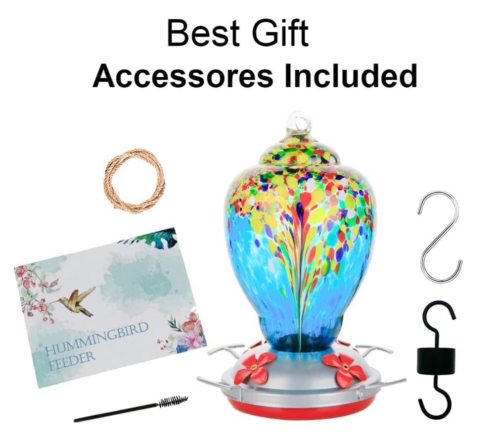 Hummingbird Feeder For Outdoors Patio Large 32 Ounces Colorful Hand Blown Glass With Ant Moat Hanging Hook  Rope Brush And Service Card (blue-white)