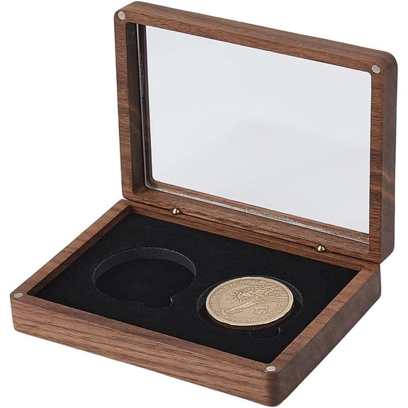 2-Slot Wood Coin Packaging Boxes with Acrylic Window Rectangle Black 13.1x9.5x2.9cm