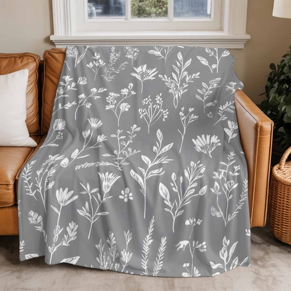 Throw Blanket for Couch White Flowers Soft Fleece Flannel Blankets Cozy Lightweight Blanket for Home Sofa Living Room Gray Background Bed Throws 30" x 40"