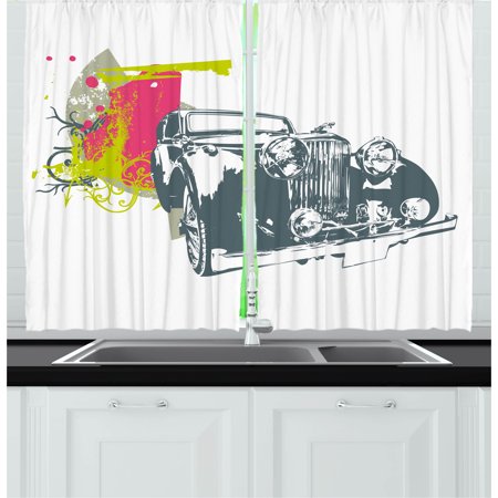 Vintage Curtains 2 Panels Set, Pop Art Retro Custom Classic Car with Grunge Effects Illustration, Window Drapes for Living Room Bedroom, 55W X 39L Inches, Pink Lime Green Slate Blue, by Ambesonne