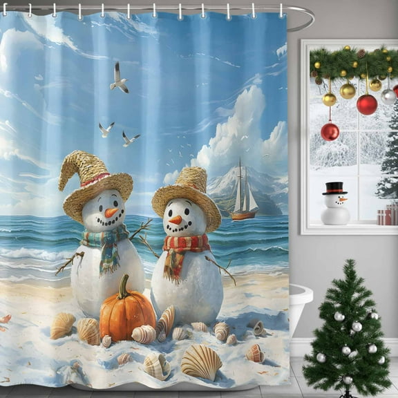 Christmas Snowman Shower Curtains for Bathroom, Ocean Beach Shell Blue Sky Waterproof Fabric Shower Curtain for Bathroom Bathtub Decoration, Machine Washable, 54x"78"