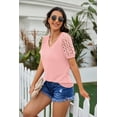 thumbnail image 5 of JWD Waffle Knit Lace Short Sleeve Blouses V Neck T Shirts Summer Casual Tops For Women Pink Large, 5 of 6
