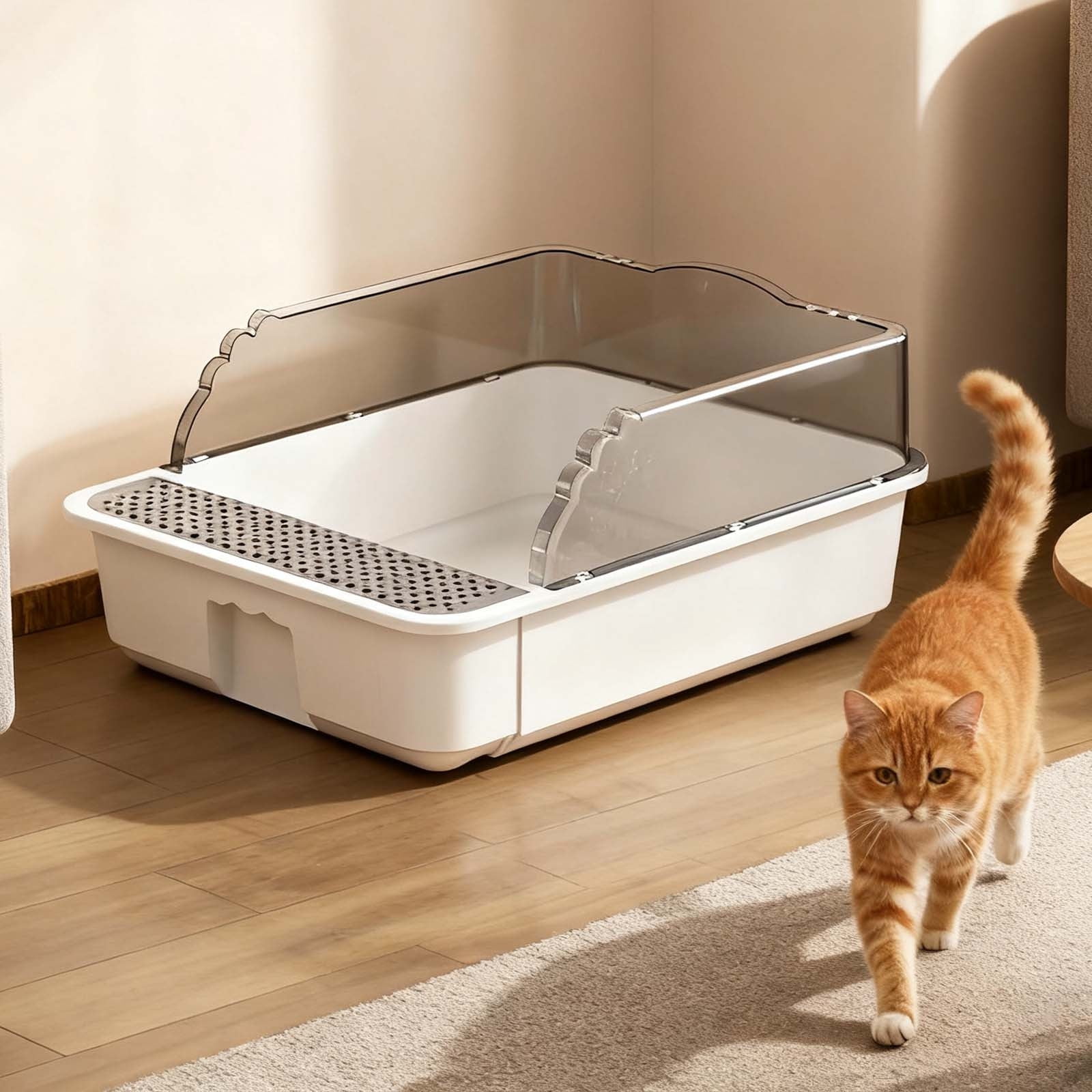 High-Sided Open Cat Litter Pan with Removable Mat for Easy Cleaning Semi-Enclosed Design Reduces Splashing and Scatter
