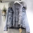 thumbnail image 3 of Winter Women Jacket with Furry Hood Thickened Plush Long Sleeves Pockets Button Closure Flap Pockets Coat Short Type Windproof Warm Denim Coat, 3 of 7