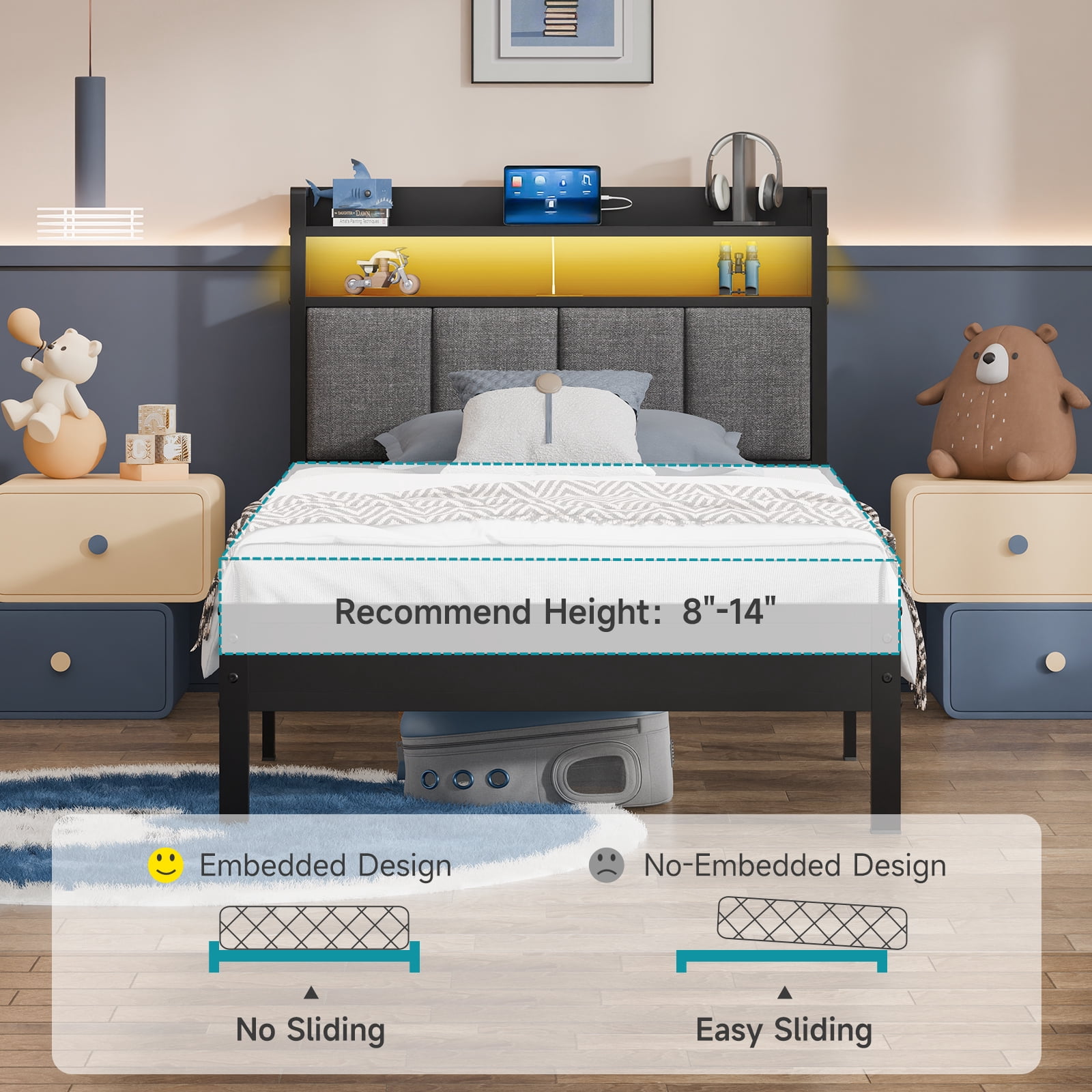 Z-hom Storage Metal Platform Bed Frames with LED Light, Twin