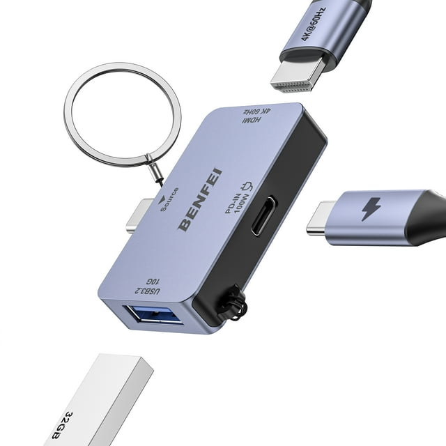 BENFEI USB C Hub 3-en-1 Doté d'Un design compact avec des dimensions de 1,9 x 1,3 x 0,4 Pouces et d'Un Accessoire Porte-Clés pour la Portabilité. Comprend un port USB-C vers HDMI Prenant en Charge les Transferts de Fichiers 4K@60Hz, un port USB-A 10Gbps pour des Transfert de Fichiers Haute Vitesse, et un port de Livraison 100W pour Charger des Ordinateurs Portables et des Appareils. Présenté dans une Finition Métallique Élégante avec des ports Étiquetés et des Connecteurs, Convient