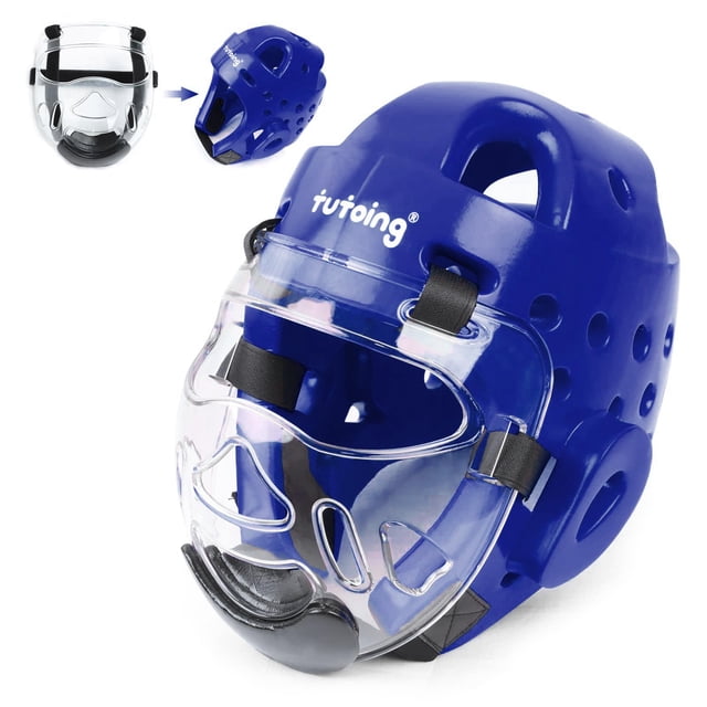 Casco de entrenamiento para tutoría de taekwondo y karate con protector facial, color azul