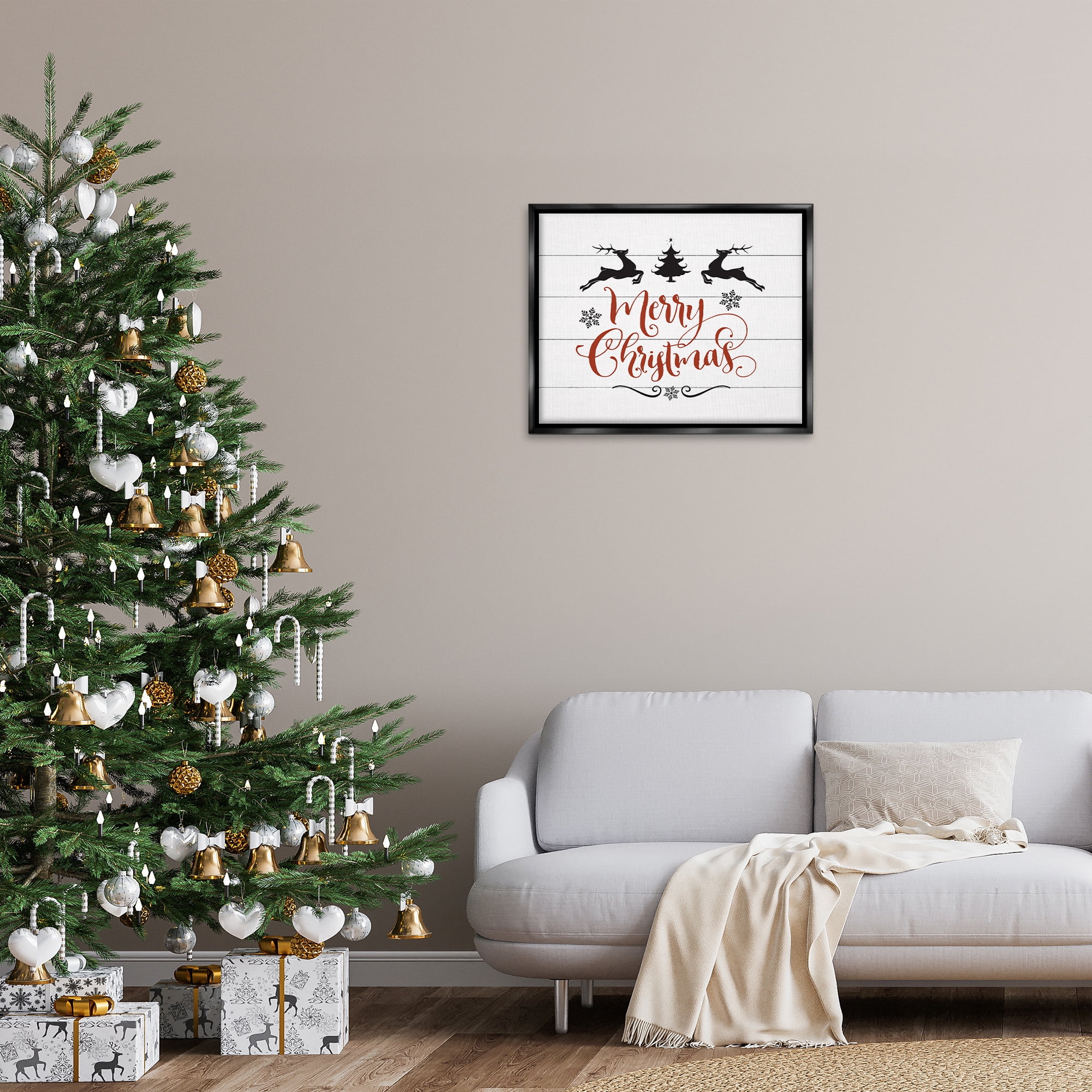 Stupell Industries Merry Christmas with Reindeer Holiday Painting Black Floater Framed Canvas Art Print Wall Art, 31 x 25