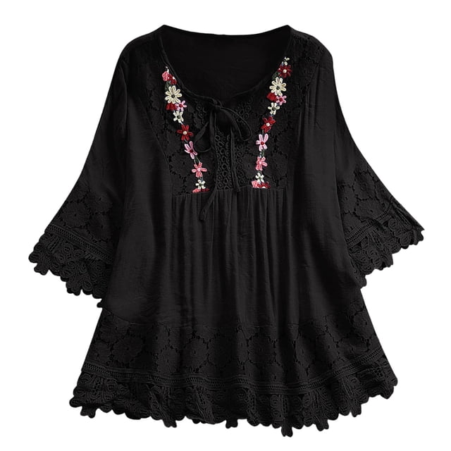 Blusa vintage de mujer con cuello en V, manga 3/4, lazo y patchwork de encaje - Top informal de moda - Camisa de algodón mezclado para el día a día