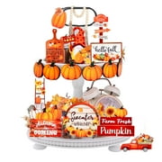 Coolmade 17 Pcs Fall Thanksgiving Tiered Tray Decor Set Fall Pumpkin Gnome Truck Wood Sign Rustic Farmhouse Decor Hello Fall Wood Bead Decorative Tabletop Sign for Autumn Thanksgiving Day
