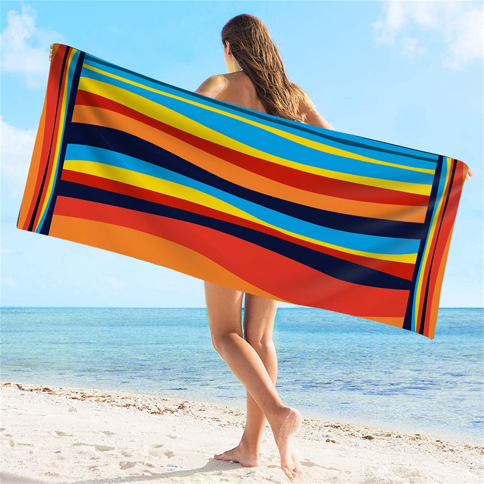 Bornbay Cotton Oversized Beach Towel - Extra Large 40x70 Plush Thick Pool Towel, XL Fluffy Stripe Blue Beach Towels for Adults Mens Women (White
