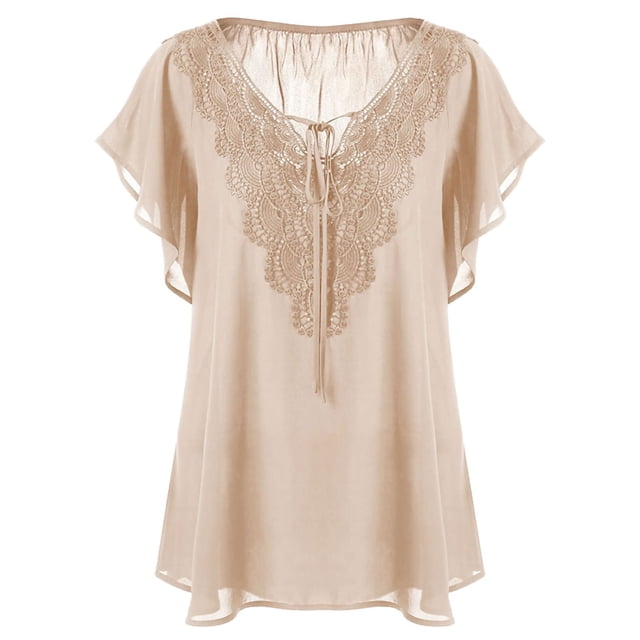 Innerwin T Shirt Solid Color Ladies Chiffon Tops Holiday V Neck Plus Size Tunic Blouse Khaki XL