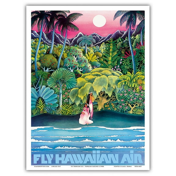 Fly Hawaiian Air - Hawaii Women on the Beach - Hawaiian Airlines - Vintage Airline Travel Poster c.1970s - Master Art Print (Unframed) 9in x 12in