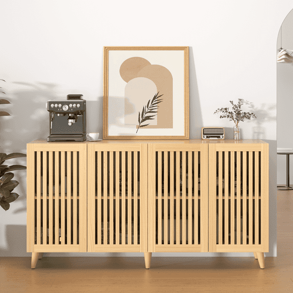 62.99" Natural Wood Slatted Sideboard Storage Cabinet, 4-Door Modern Buffet for Entryway Living Room, Rustic Farmhouse by Domvaranique