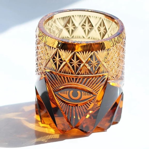 Vintage Japanese Edo Kiriko Hand-Cut Crystal Whisky Glass, Lead-Free Hand-Blown Amber Black Rock Tumbler, Diamond Cut 7-8oz with Gift Box