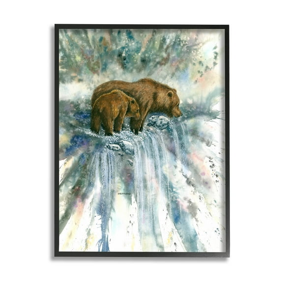 Two Bears Waterfall Nature Animals & Insects Graphic Art Black Framed Art Print Wall Art
