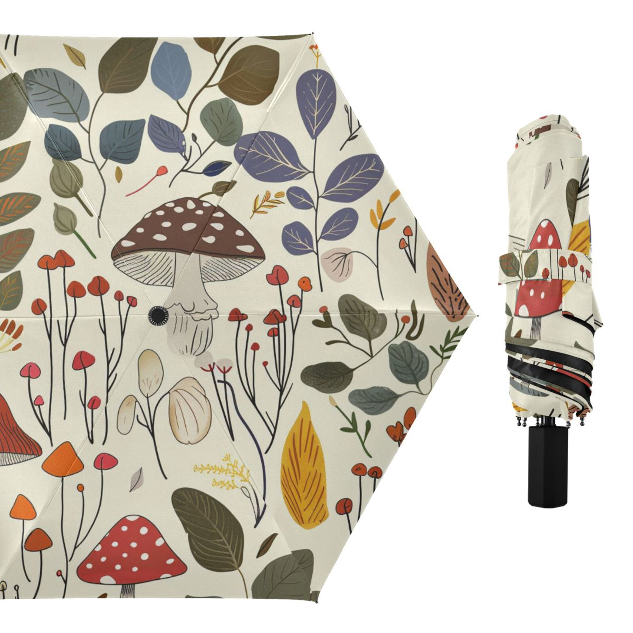 ALAZA Mushrooms Leaves UPF 50+ Compact Folding Umbrella for Rain Travel Umbrella Packable