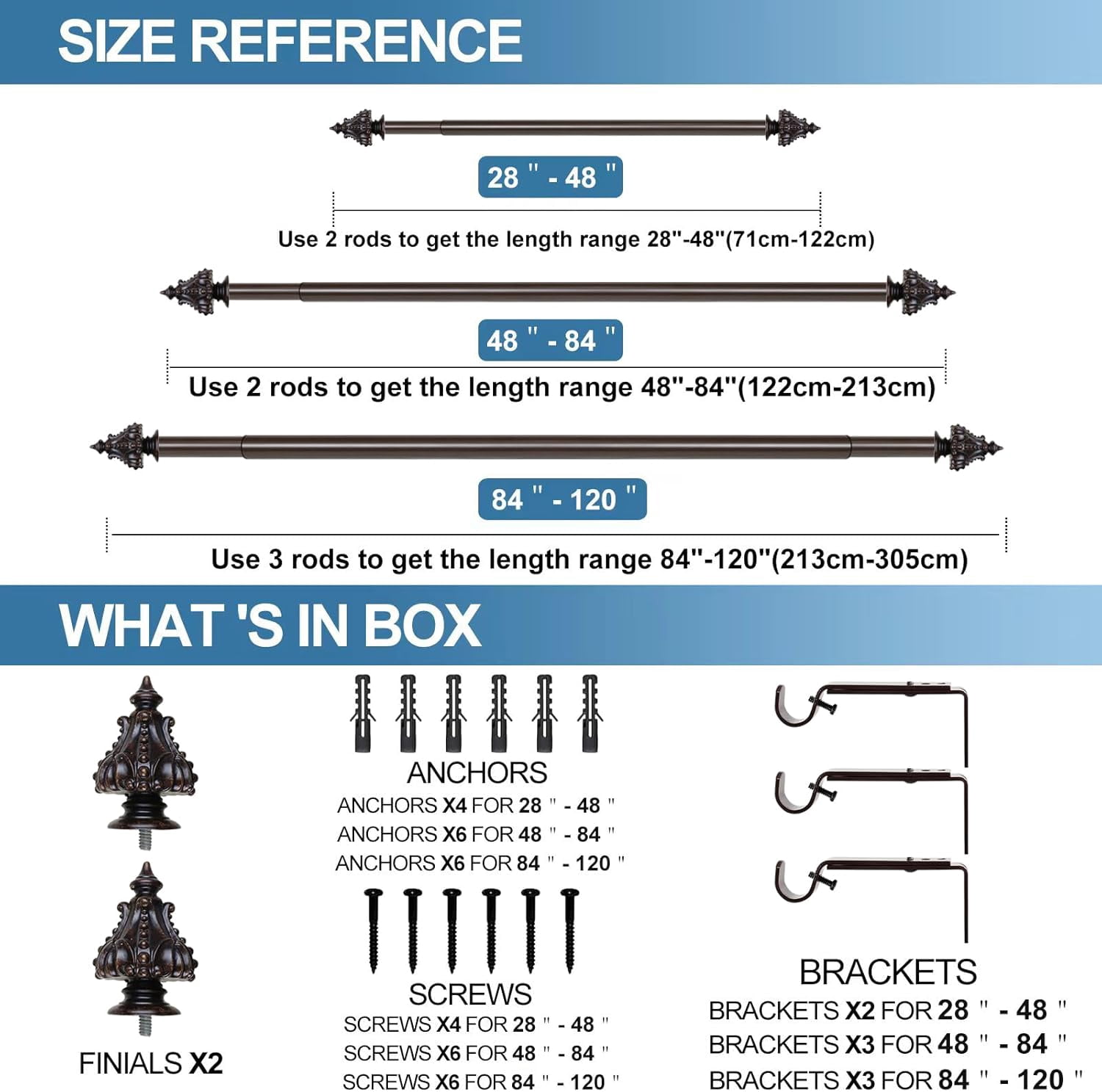 Urbanest Adjustable Single Curtain Rod Set Mahogany Regale Finials – 1 - Inch Diameter, With Bronze Rod, 48–84 Inches