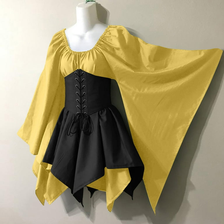XFLWAM Gothic Retro Dress for Women Irregular Long Sleeve Retro Medieval  Corset Dress Costume Mini Dresses Yellow M 