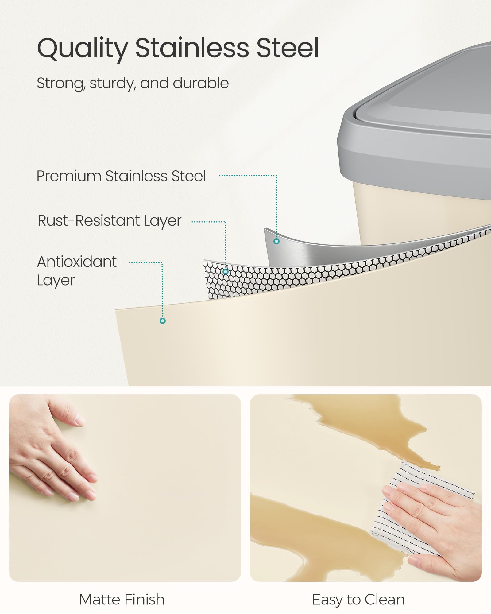 Kitchen Trash Can, 18-Gallon Stainless Steel Garbage Can, with Stay-Open Lid and Step-on Pedal, Soft Closure, Tall, Large and Space-Saving, Sand Beige and Dove Gray