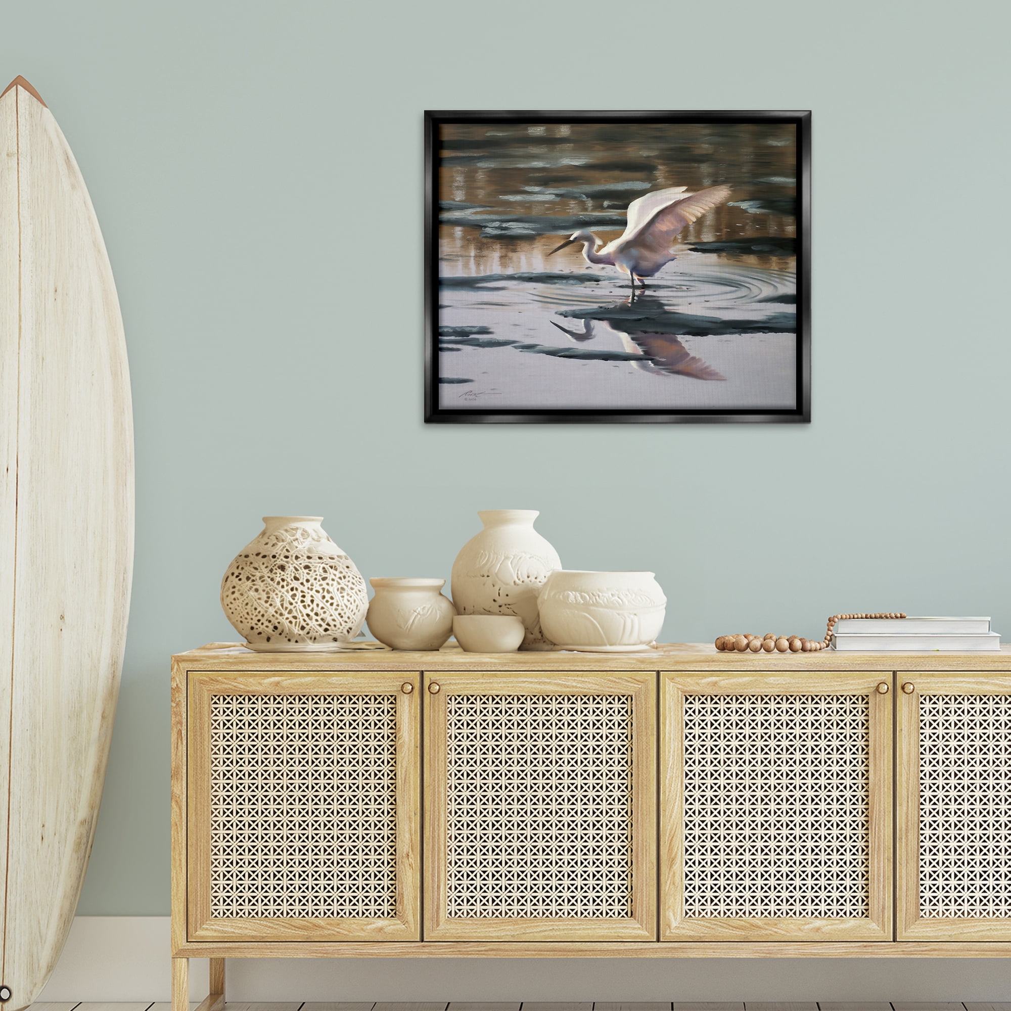 Stupell Industries Swan Landing in Water Animals & Insects Painting Black Floater Framed Canvas Art Print Wall Art, 31 x 25