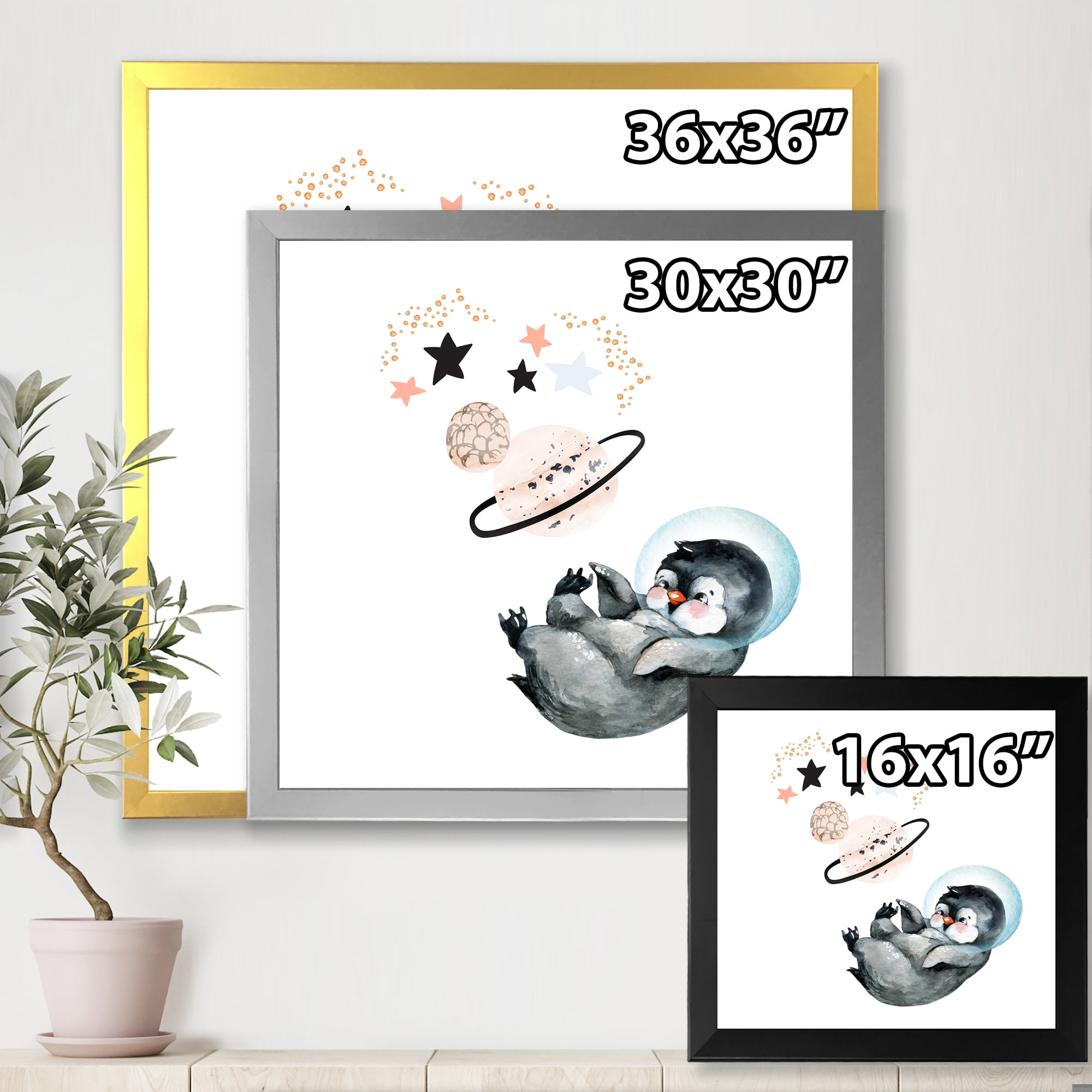 Designart 'Little Penguin With Planets and Stars I' Farmhouse Framed Art Print