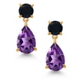 thumbnail image 2 of Gem Stone King 18K Yellow Gold Plated Silver Purple Amethyst and Black Onyx Teardrop Dangle Drop Earrings for Women (6.90 Cttw, Gemstone Birthstone, Pear Shape 12x8MM, Round 6MM), 2 of 4