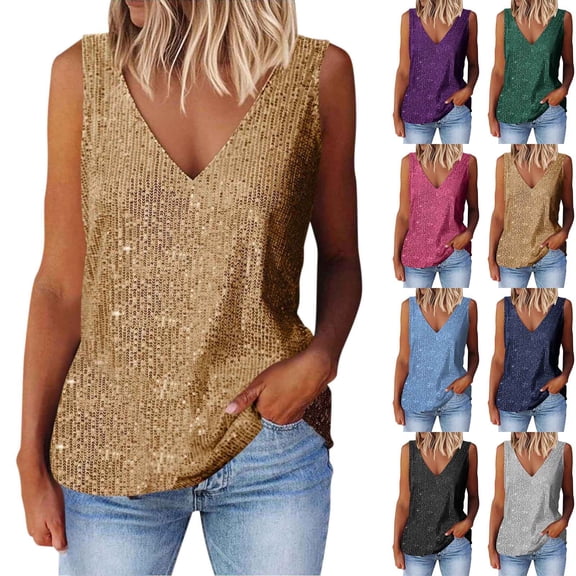 VJGBEGW Women V Neck Sleeveless Sequin Tank Tops Loose Fit Glitter Sparkly Camisole Shirts Comfy Casual Party Going Out Sleeveless Vest Black L