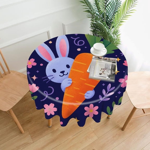 RKSupls 60 Inch Round Tablecloth, Bunny With Carrot Premium Polyester Straight Edge Wrinkle Resistant Washable Table Cover for Party Home Dining Decor