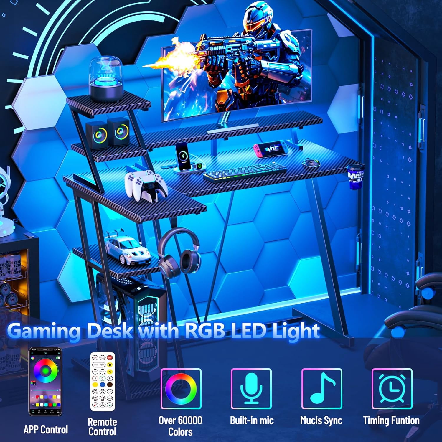 40 Inch Gaming Desk with LED Lights & Power Outlet, L Shaped Computer Gaming Table with Storage Shelves, Reversible Corner Desk with Monitor Stand for Home Office, Carbon Fiber Black