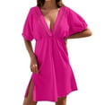 thumbnail image 1 of 2025 Women's Chiffon Swimsuit Cover Up Dress - Short Sleeve, V Neck, Button Adjustable, Drawstring Waist, 1 of 5