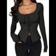 thumbnail image 1 of Camisas de Larga para Mujer, Camisetas con Cuello Redondo y Botones con Lazo, Blusas Estéticas para Salir Negro XL, 1 of 10