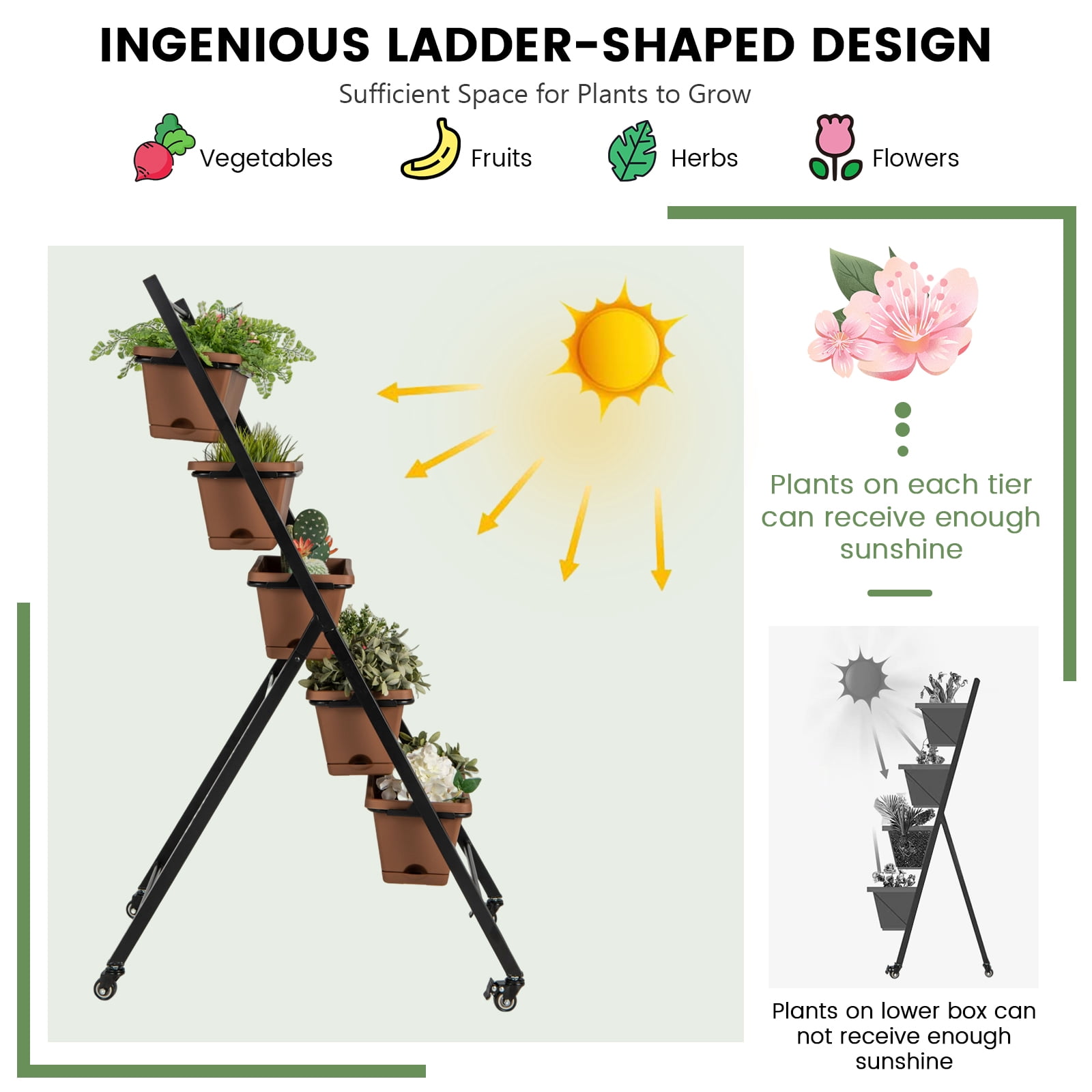 Patiojoy 5-Layer Vertical Raised Garden Bed with Wheels Drainage Holes Freestanding Planter with Container Boxes Brown
