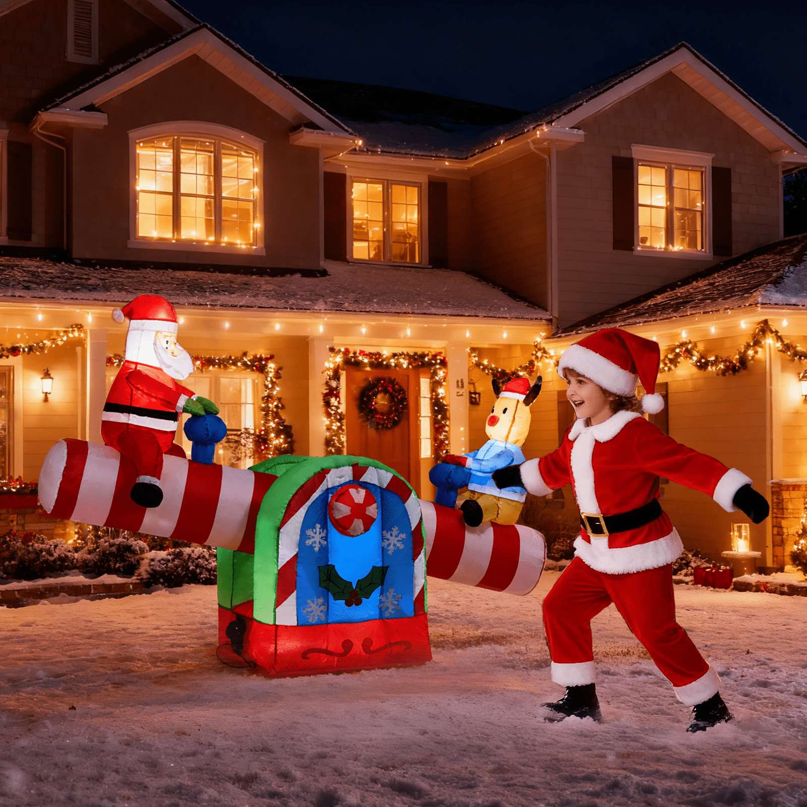 Astoutdoor Lighted Christmas Inflatable Decoration, Motorized Seesaw with Santa and Reindeer, 55.1 x 28.3 x 47.2 in, Built-in LED Lights, Blow Up Yard Decor