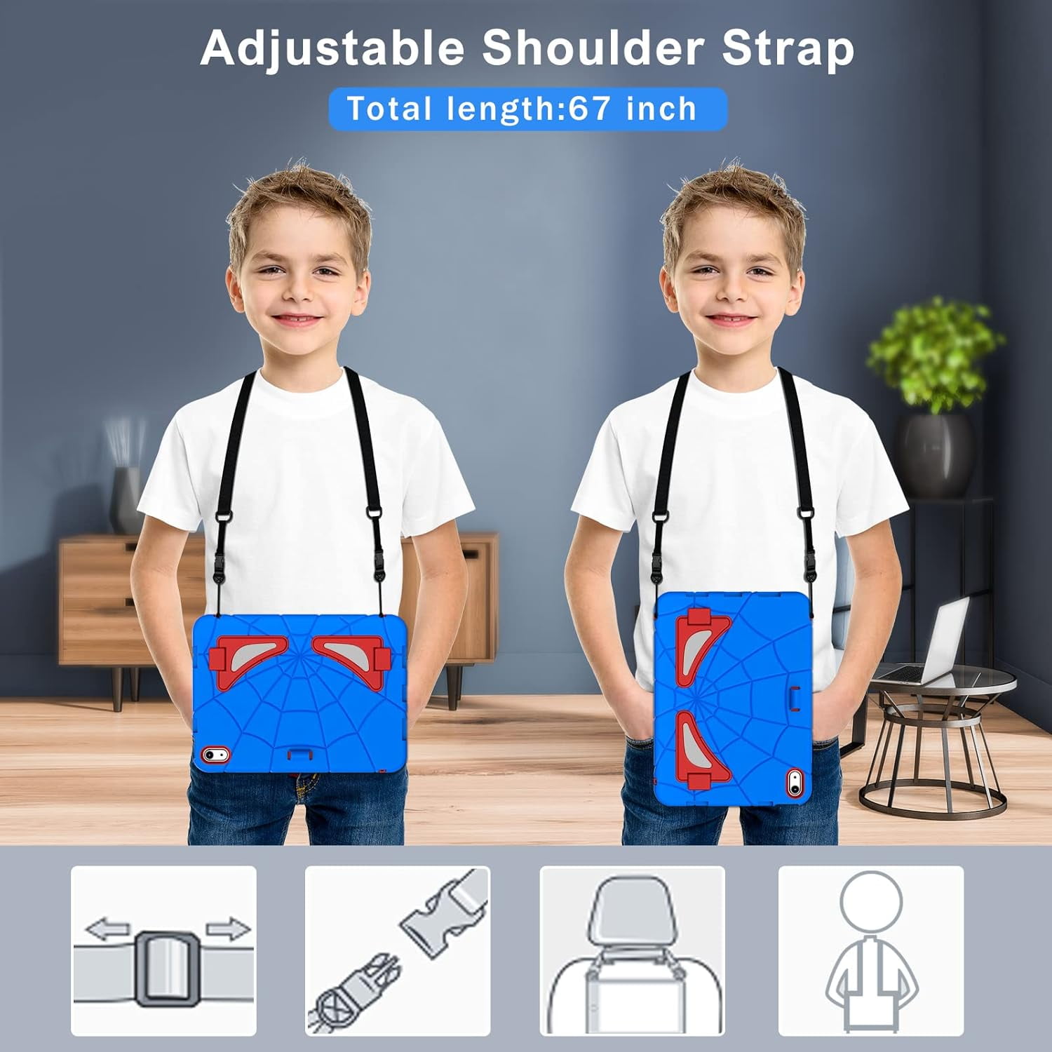 Dteck iPad 10th Generation Case iPad 10.9 Case 2022 New iPad 10th Gen Case for Kids 10.9 Inch Shockproof Protective Cover with Pencil Holder & Shoulder Strap & Kickstand for Kids Children,Blue + Red