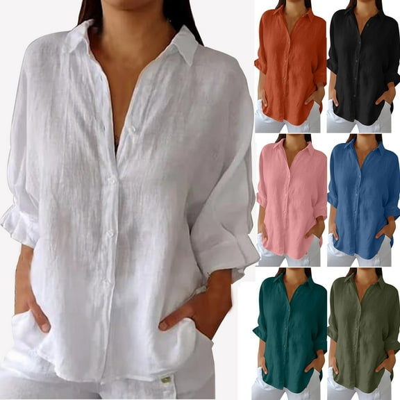 Xunlbb Women's Shirts Lightweight 3/4 Sleeves Blouses with Button Closure V Neck Womens Tops Comfy Summer Outfit Vacation Holidays Beach Fashion Plus Size S-3XL